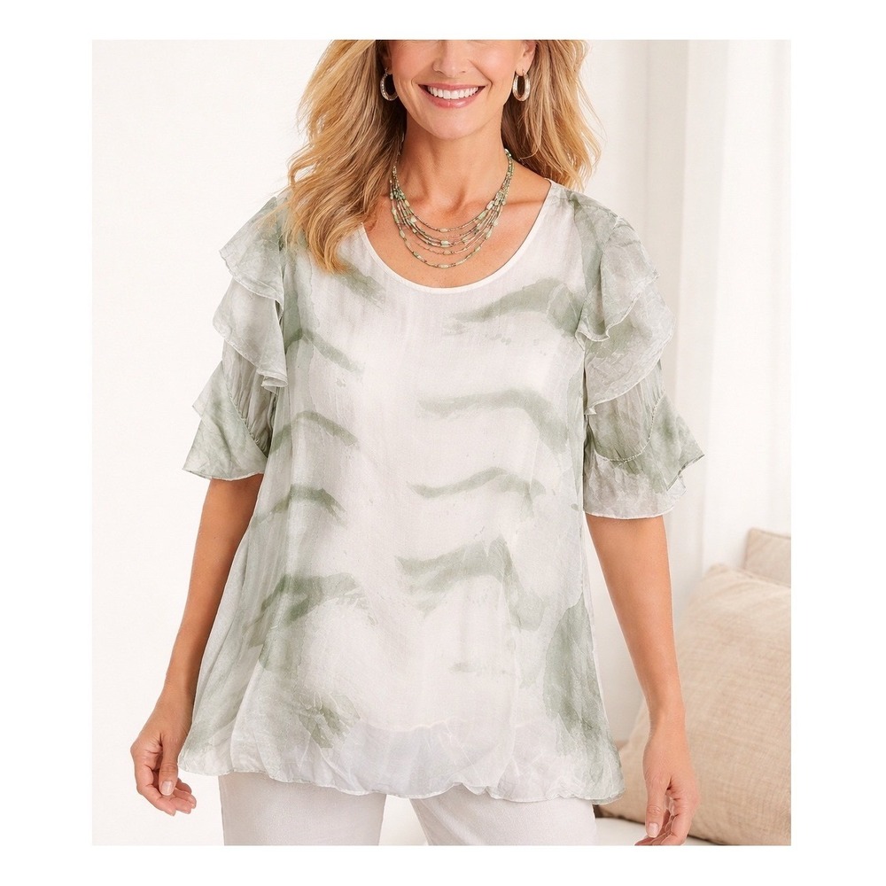 Made in Italy Women Silk Blend Ruffle Sleeve Blouse M/L Green Watercolor‎ Airy